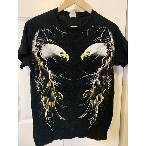 Vtg Bald Eagle Lightning Storm T Shirt Distressed Gildan Tag‎ Men’s Sz S Black - Picture 1 of 8